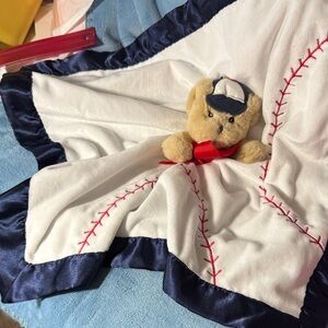 Bearington Bear Baseball Teddy Security Blanket - Navy, White & Tan